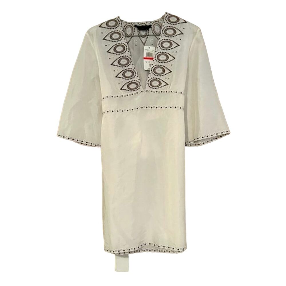 New bcbgmaxazria silk batik beaded tunic shirt mini dress white sz XS embroidery